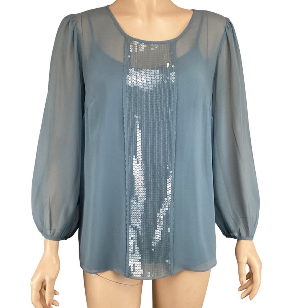 Talbots Top Size 8‎ Blue Sequin-Embellished Long Sleeve Blouse 2PC